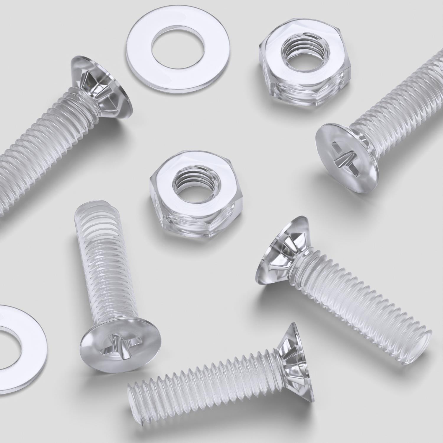 50x Clear Acrylic Countersunk Screws & Bolts M3 x 10 mm, Nuts & Washers