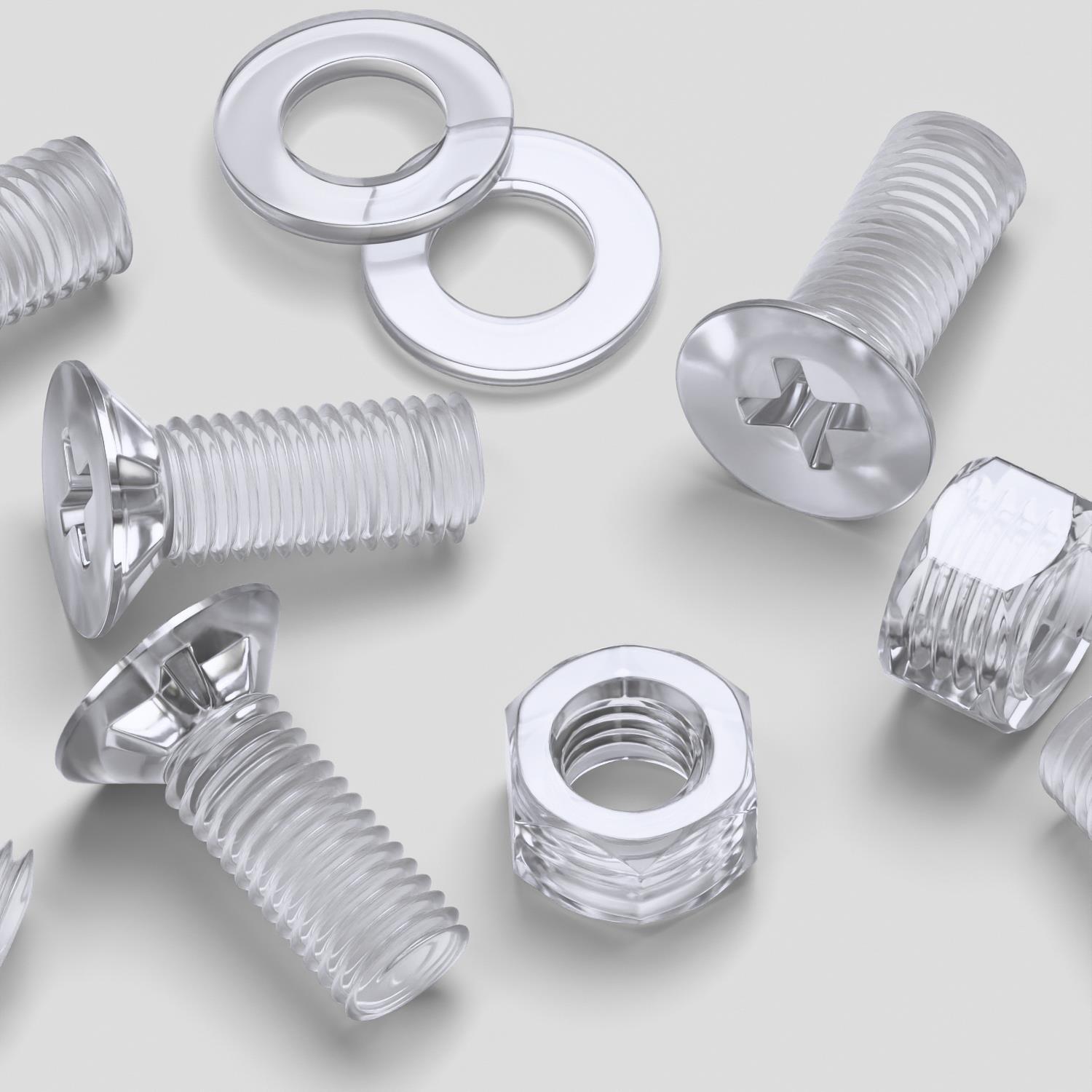 50x Clear Acrylic Countersunk Screws & Bolts M5 x 10 mm, Nuts & Washers
