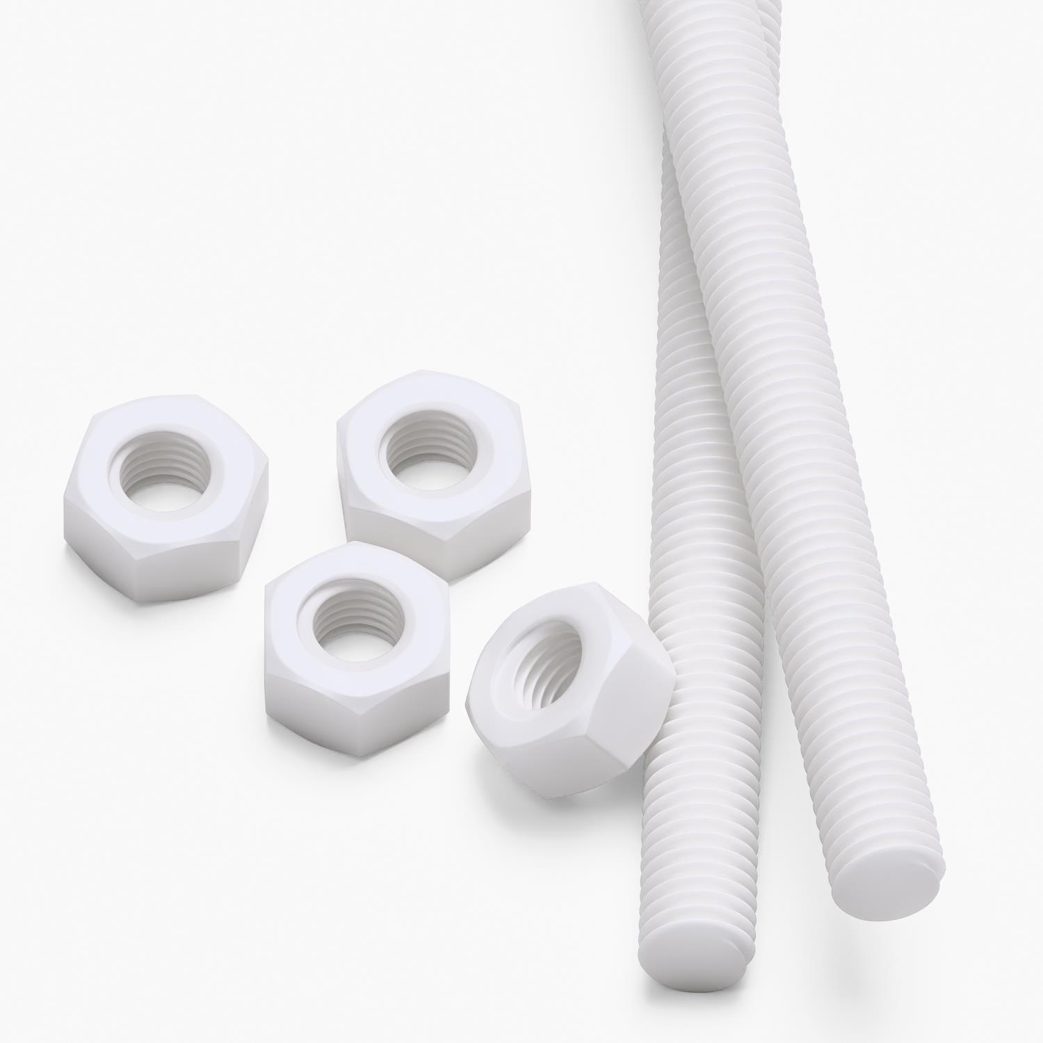 2x White PTFE M8 x 1000 mm Threaded Rods, Plastic Studding + 4 Nuts