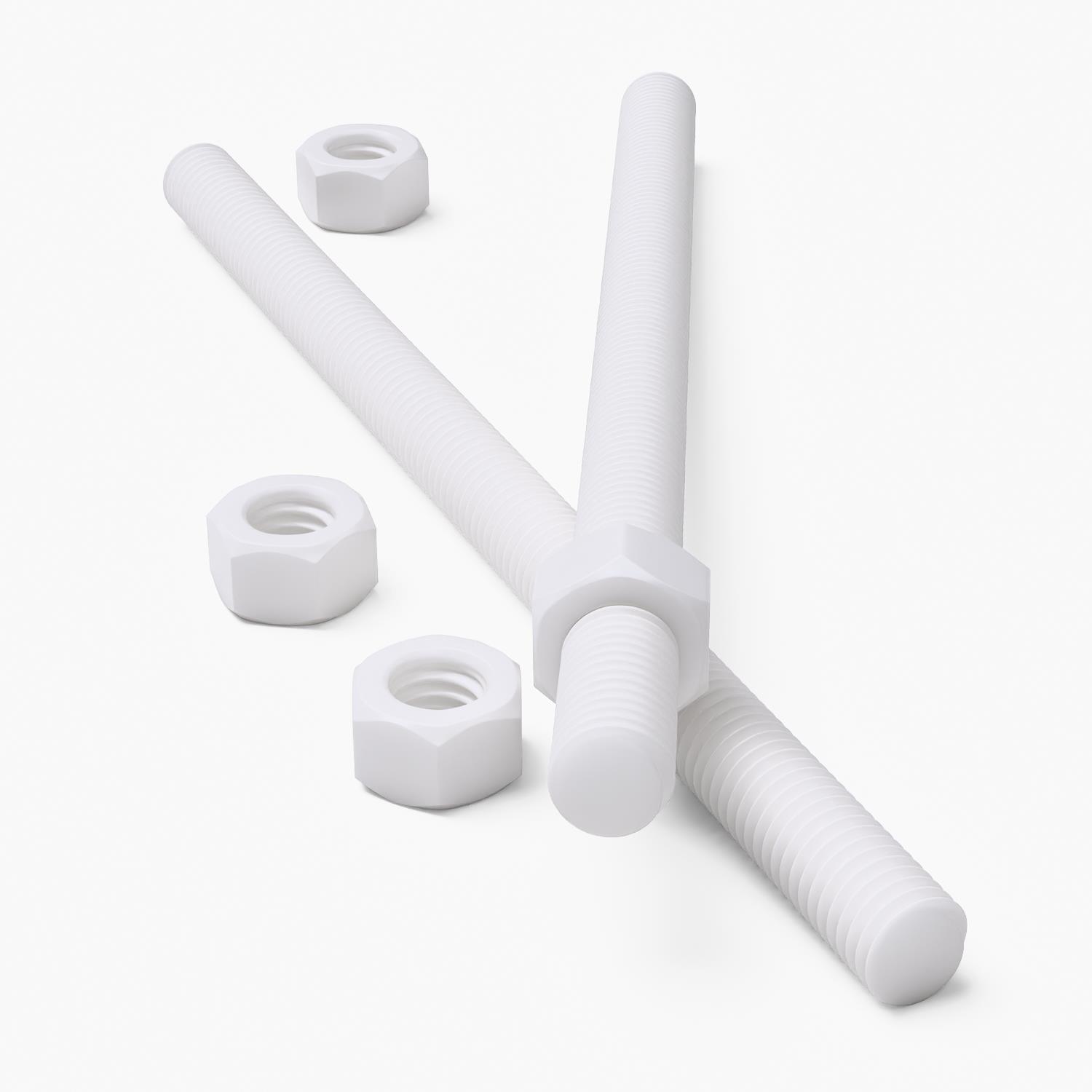 2x White Polypropylene (PP) M10 x 200 mm Threaded Rods, Studding + 4 Nuts