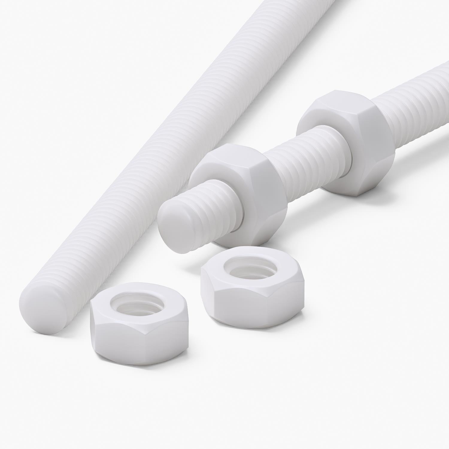 2x White PTFE M6 x 500 mm Threaded Rods, Plastic Studding + 4 Nuts