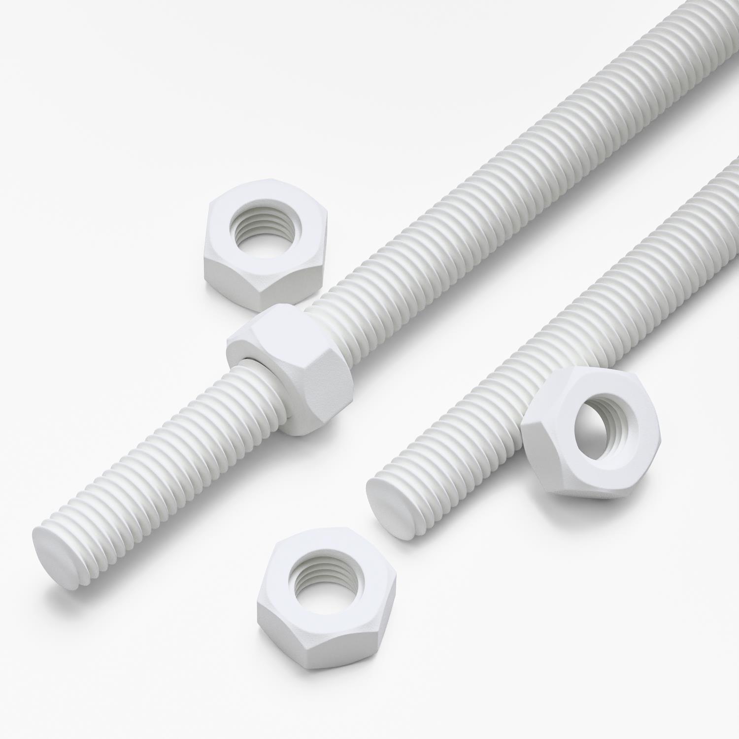 2x White Polypropylene (PP) M10 x 1000 mm Threaded Rods, Studding + 4 Nuts