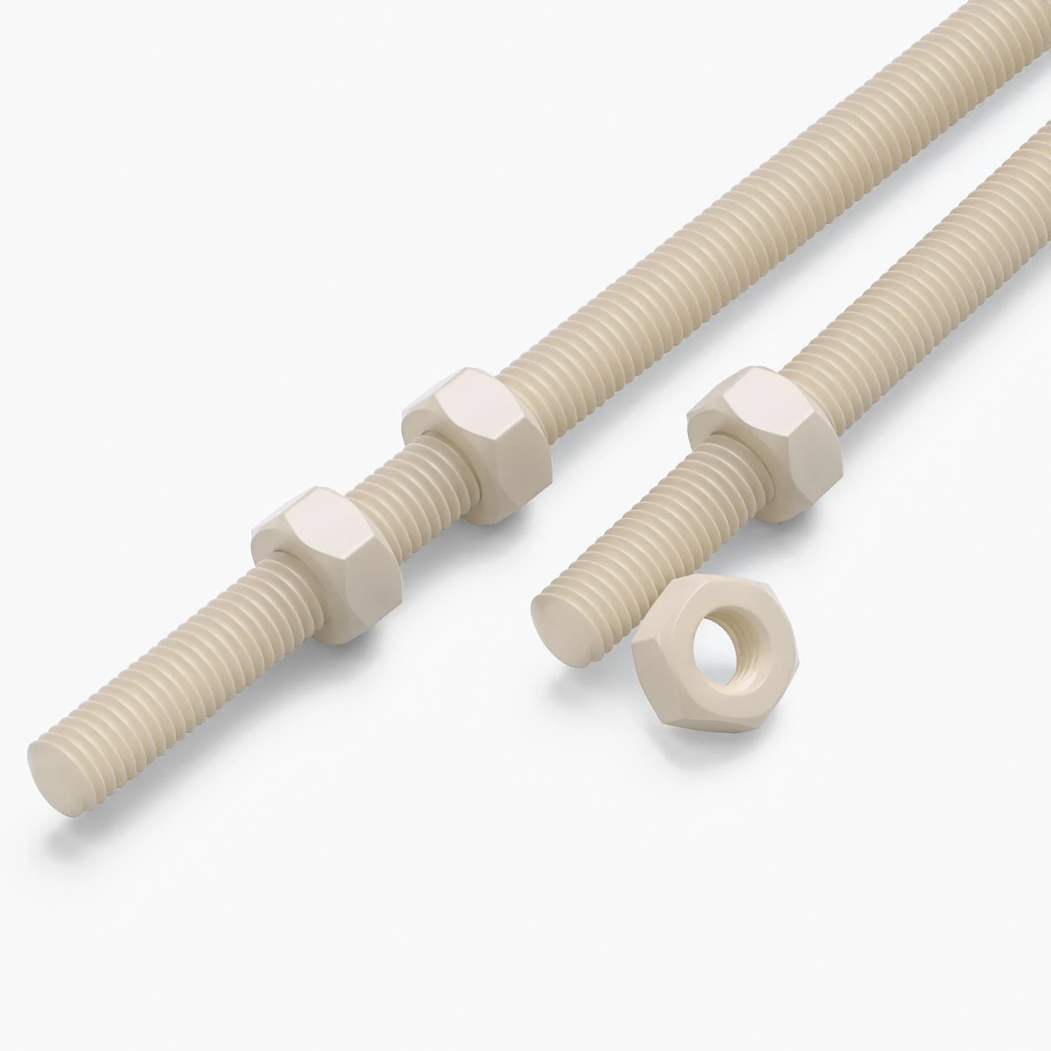 2x Natural Nylon PA66 M10 x 200 mm Threaded Rods, Plastic Studding + 4 Nuts