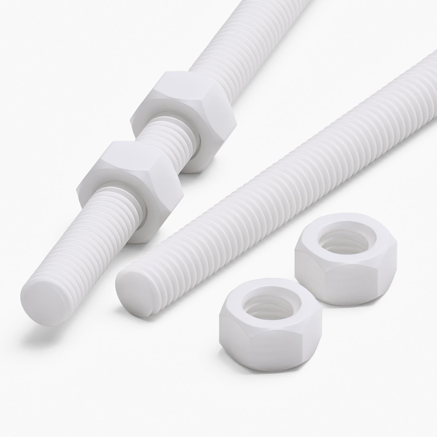 2x White PTFE M5 x 1000 mm Threaded Rods, Plastic Studding + 4 Nuts
