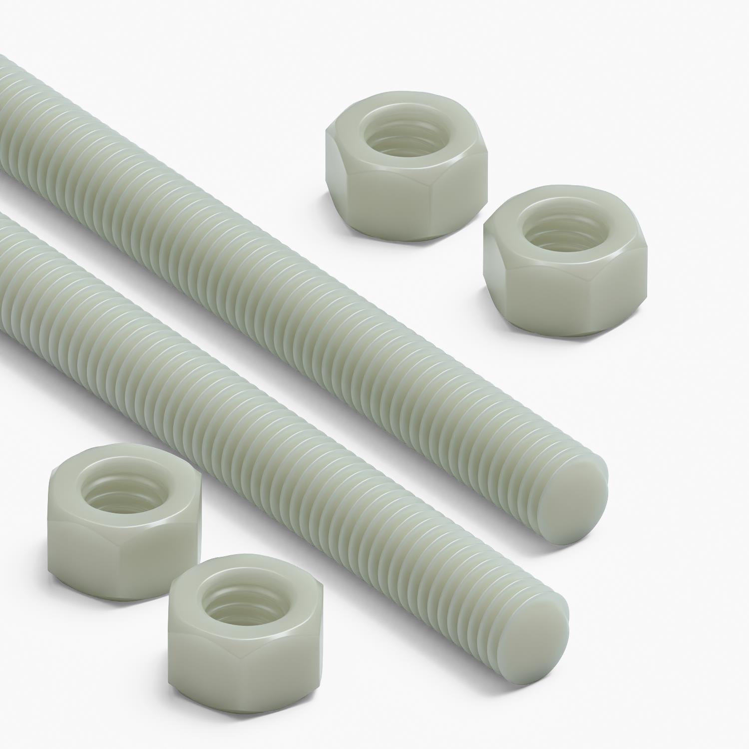 2x Natural Nylon PA66+GF M12 x 200 mm Threaded Rods, Studding + 4 Nuts
