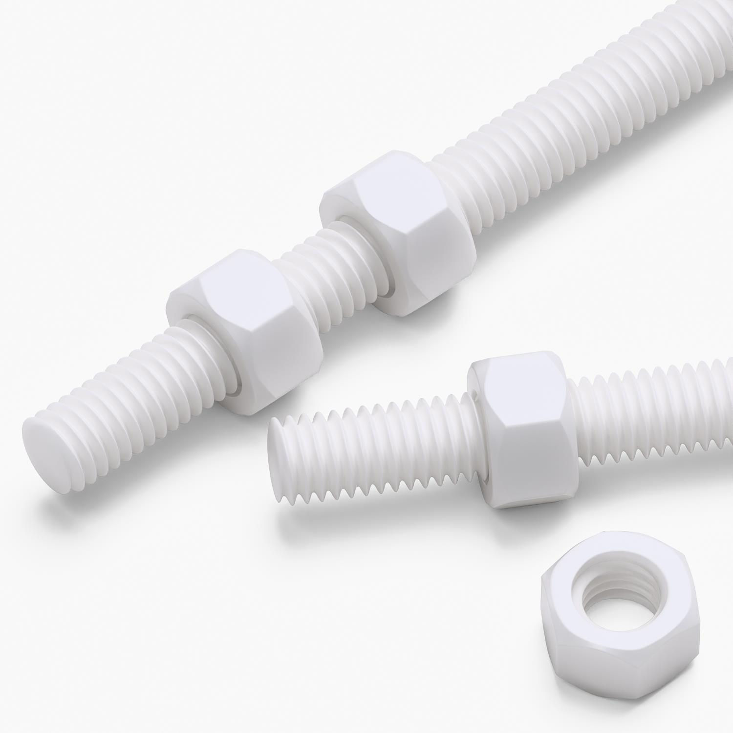 2x White PTFE M5 x 200 mm Threaded Rods, Plastic Studding + 4 Nuts