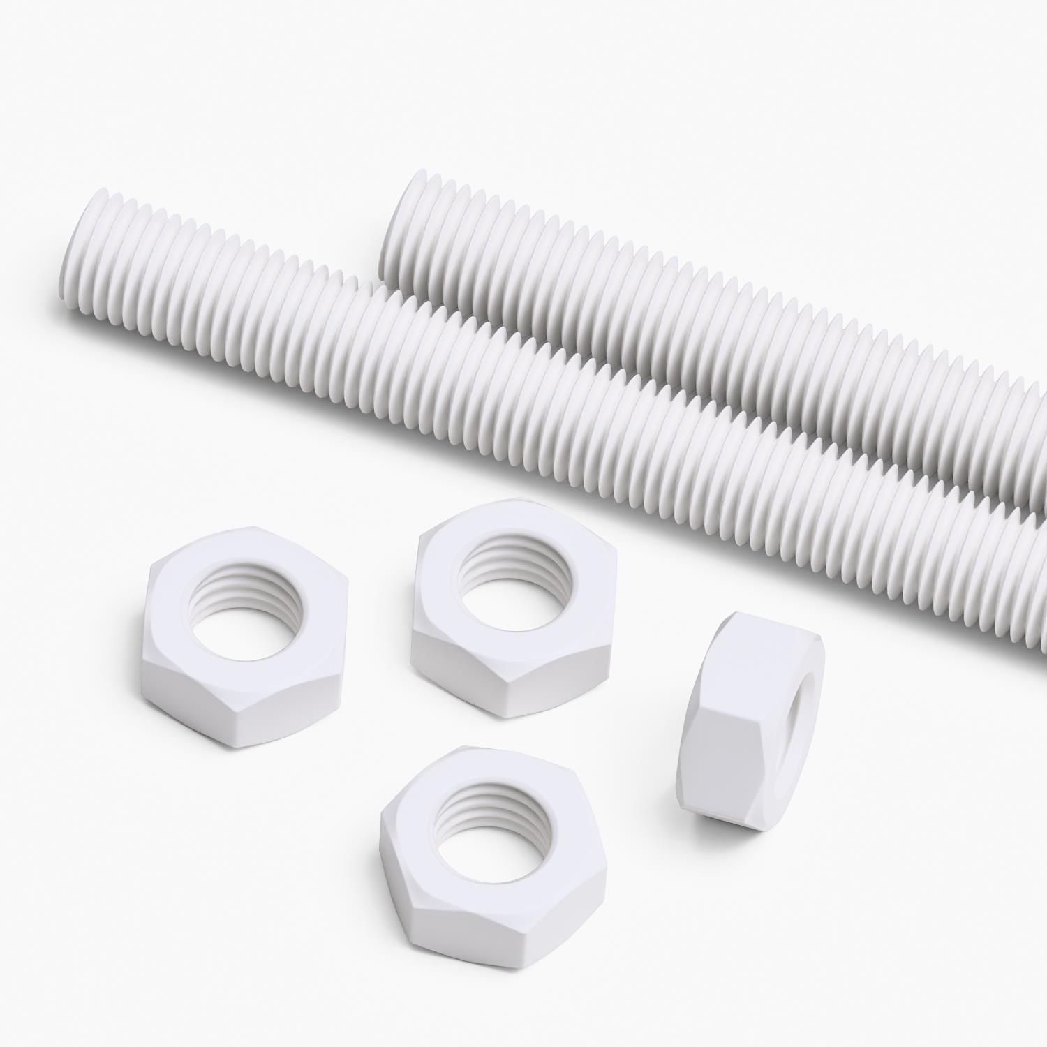 2x White PTFE M16 x 500 mm Threaded Rods, Plastic Studding + 4 Nuts