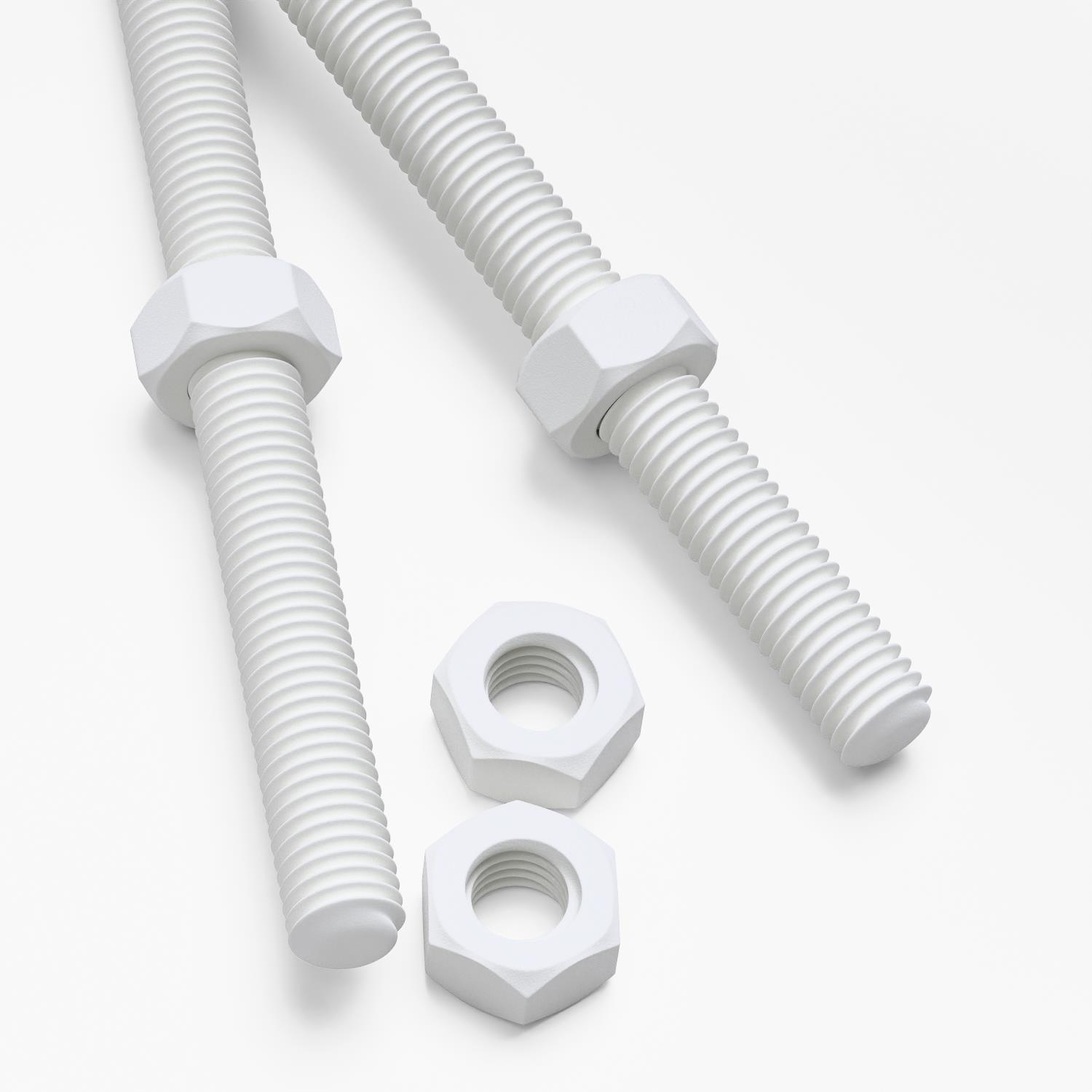 2x White Polypropylene (PP) M10 x 300 mm Threaded Rods, Studding + 4 Nuts