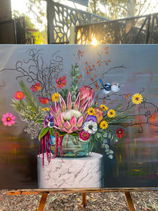 NEW Original Acrylic painting Australian native birds and flora Series Superb fairy wrens with a marble table NEW Original Acrylic painting Australian native birds and flora Series Superb fairy wrens with a marble table