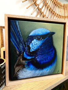 NEW Original series Tasmanian oak thick edge timber framed original paintings Superb fairy wren