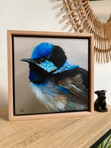 Original Painting as part of my oak framed Australian bird series portrait of a Superb Fairy Wren up close