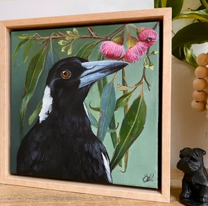 Original Painting as part of my oak framed Australian bird portrait series Maggie in a Gum Tree