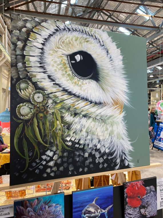Original acrylic Painting 'boho owl white protea with gum nuts'