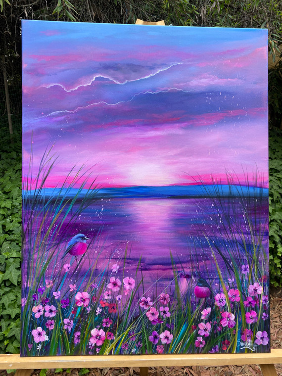 NEW Original painting as part of Sarah’s Landscape Series featuring Australian birds Pink robins