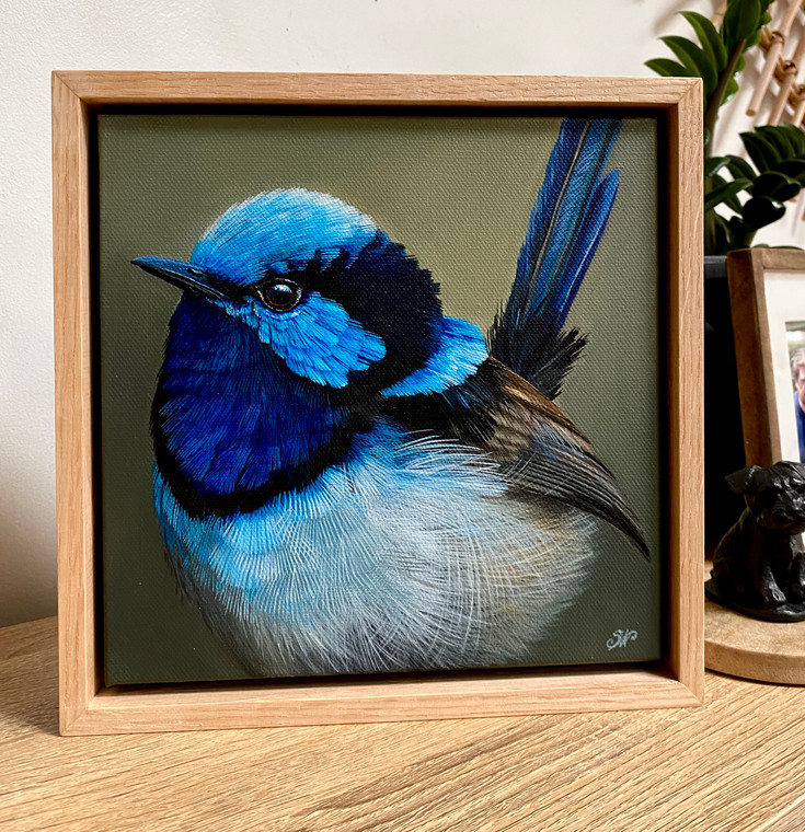 Original Painting as part of my oak framed Australian bird series Male Superb Wren