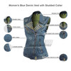 Vance VB1050BL Women's Blue Denim Motorcycle Vest With Studded Collar