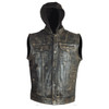 High Mileage HMM914HDB Mens Premium Cowhide Distressed Brown SOA Style Biker Club Leather Motorcycle Vest With Hoodie