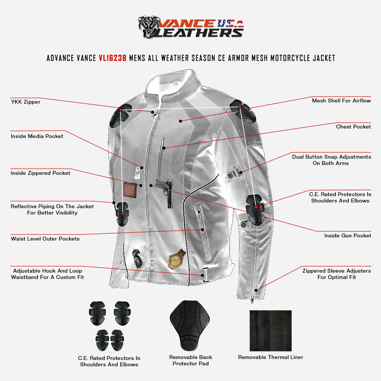 Mens All Weather CE Armor Black Mesh Motorcycle Jacket