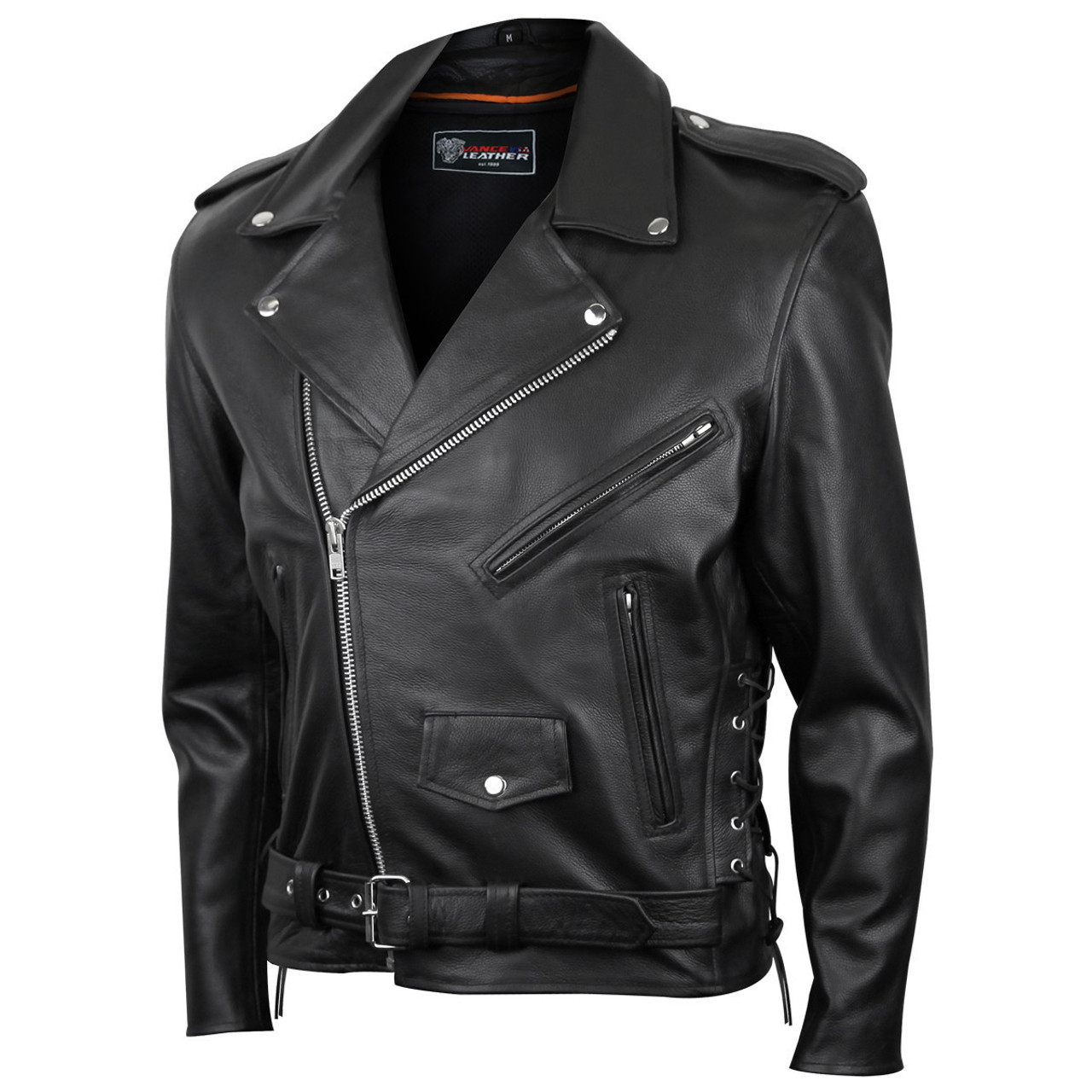 Mens Premium Classic Motorcycle Black Leather Jacket with Cowhide Conceal  Carry