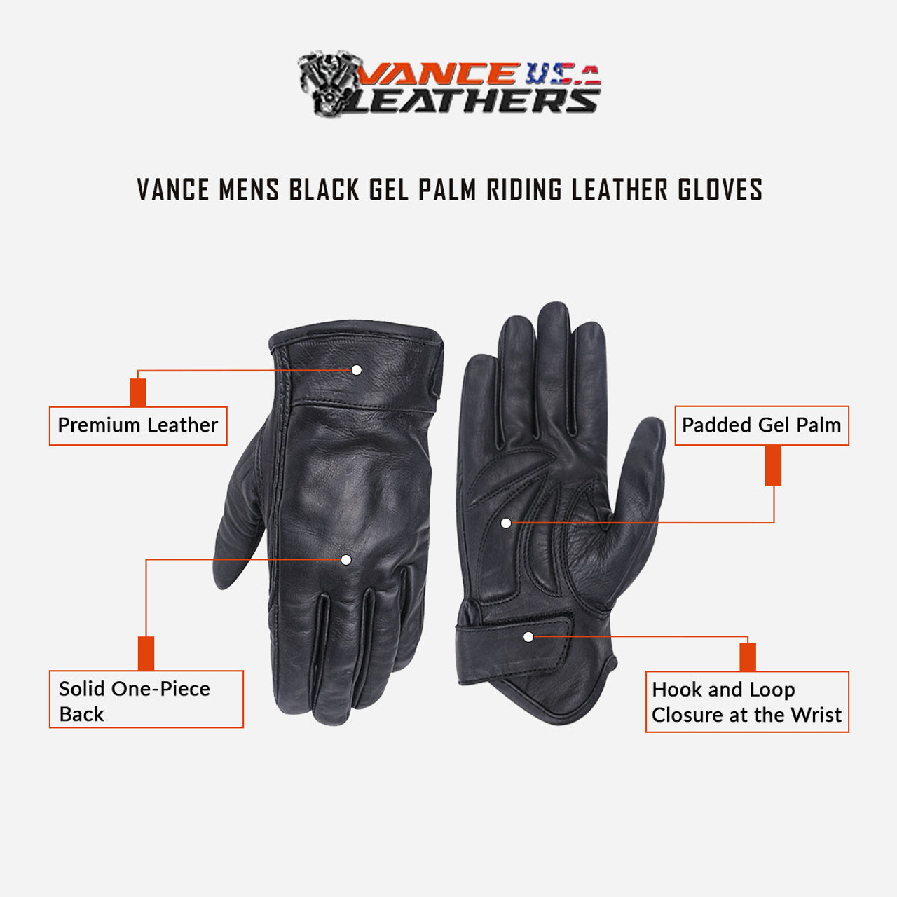 Vance Mens Black Gel Palm Riding Leather Gloves-info