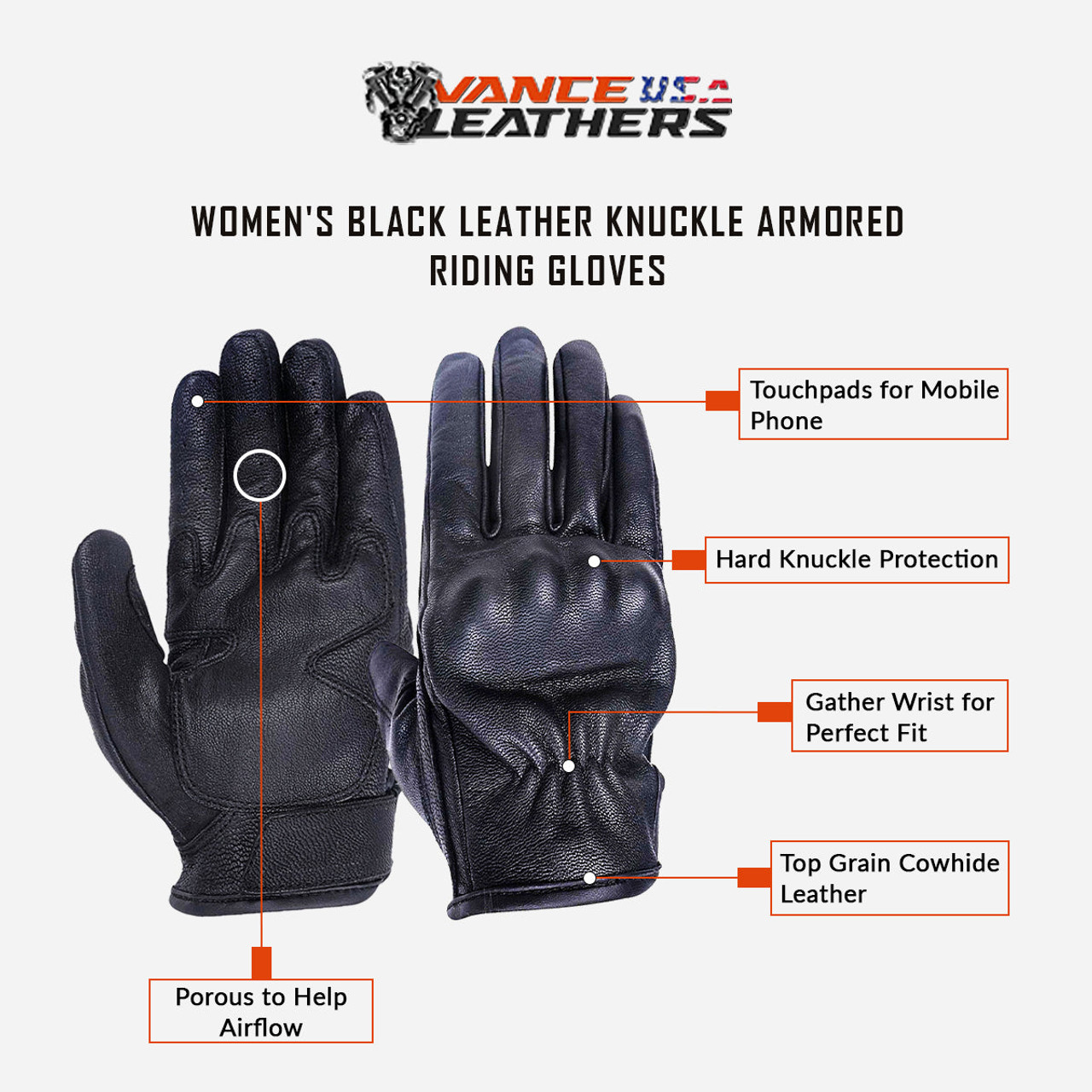 Vance VL474 Women's Black Leather Knuckle Armored Riding Gloves - info