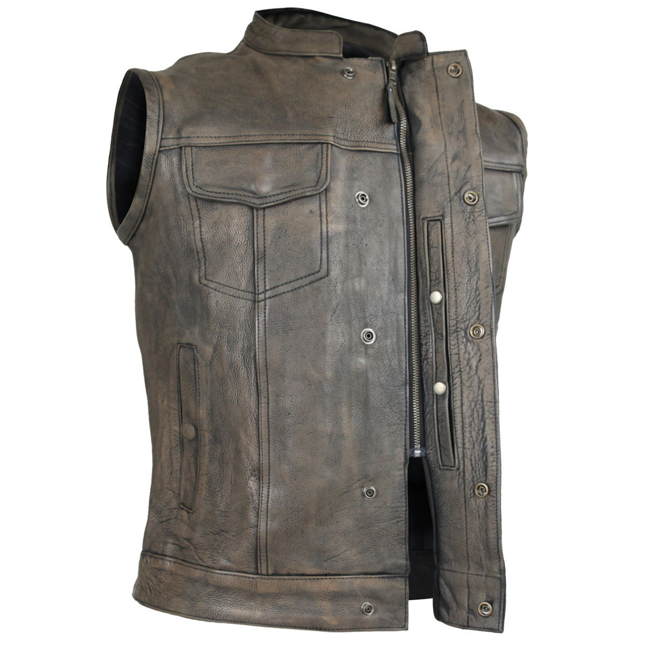 Mens Leather Distressed Brown SOA Style Club Motorcycle Vest