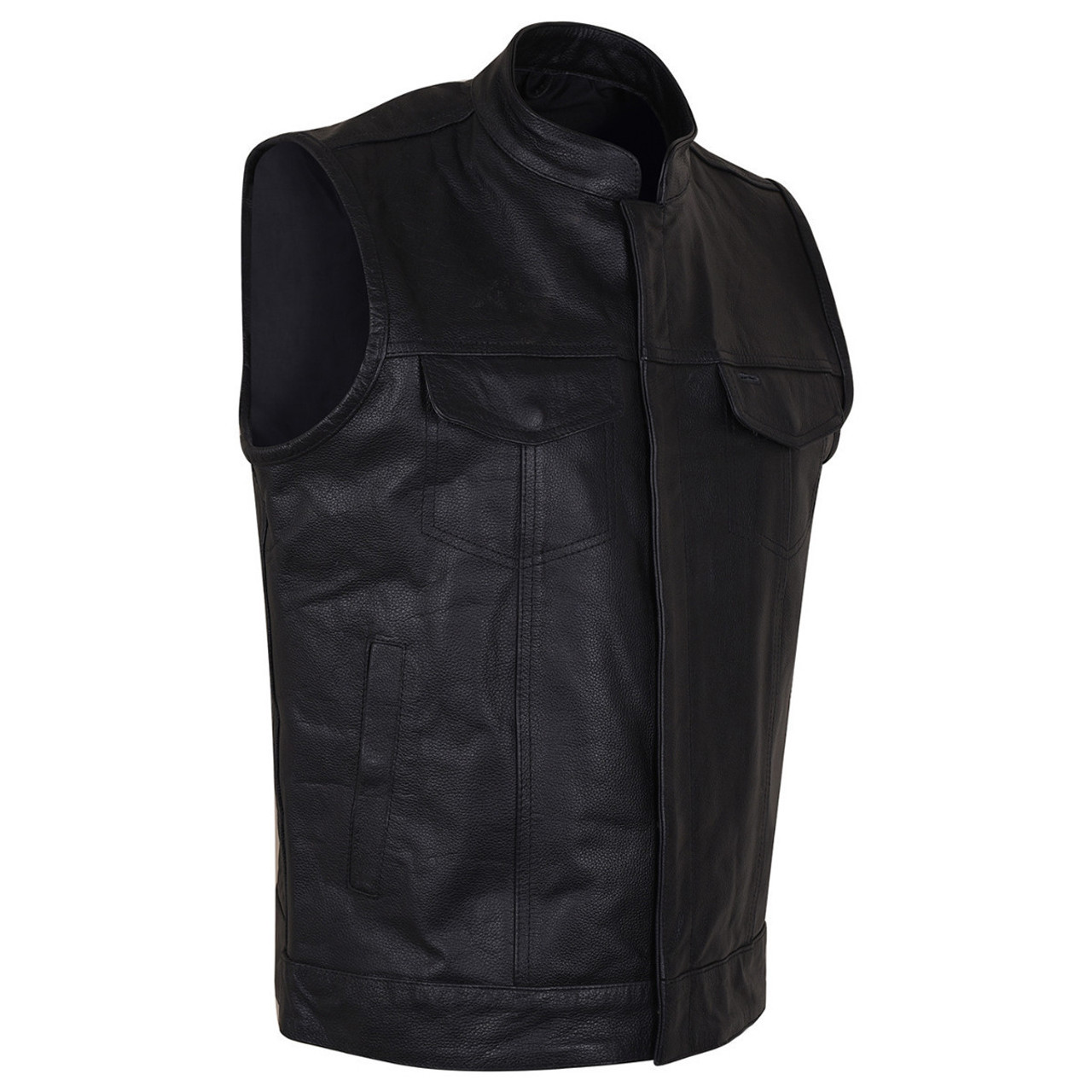 Men's Standard Black Zipper and Snap Closure Concealed Carry SOA Style  Leather Motorcycle Vest