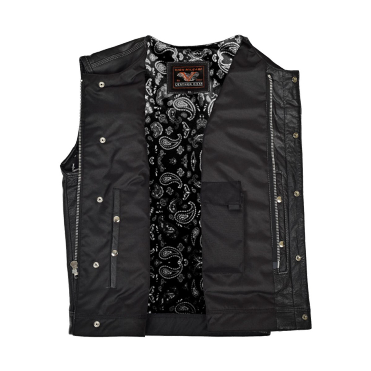 High Mileage Mens Zipper and Snap Closure Leather Club Vest with Red Top Sitching and Lining 