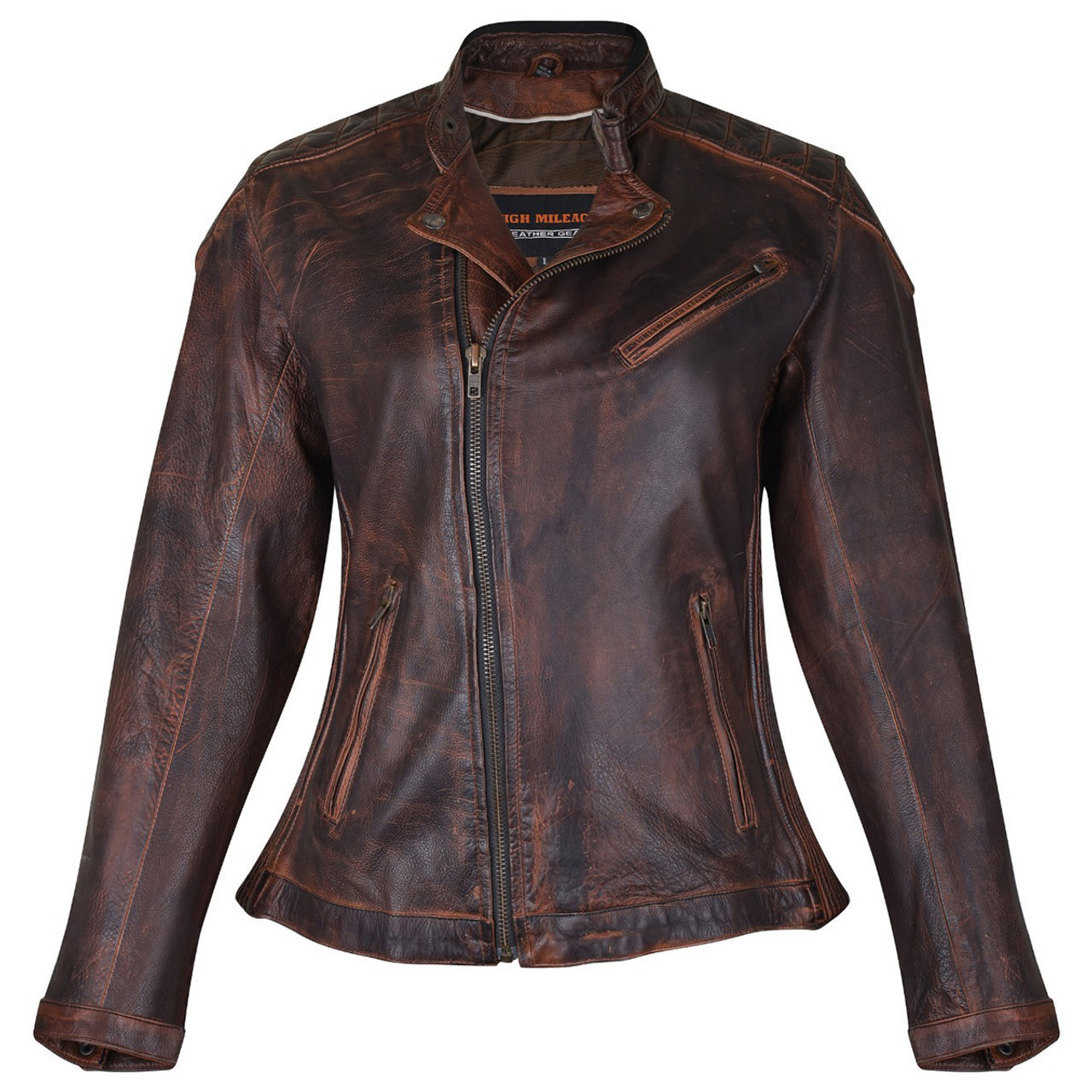 High Mileage Women's Vintage Brown Lady Biker Motorcycle Riding Leather  Jacket With Diamond Stitched Shoulders