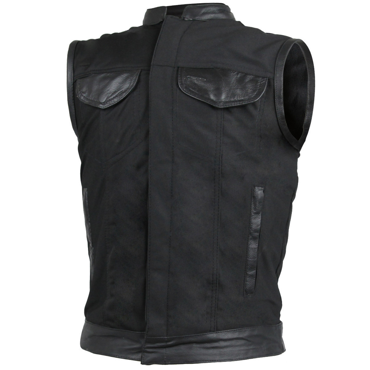 Vance Textile Mens Black SOA Club Style Leather Trimmed Textile Motorcycle Vest w/ Front Zipper and Snap Closure