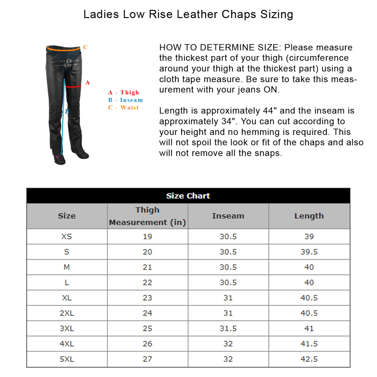 Motorcycle Chaps Size Chart