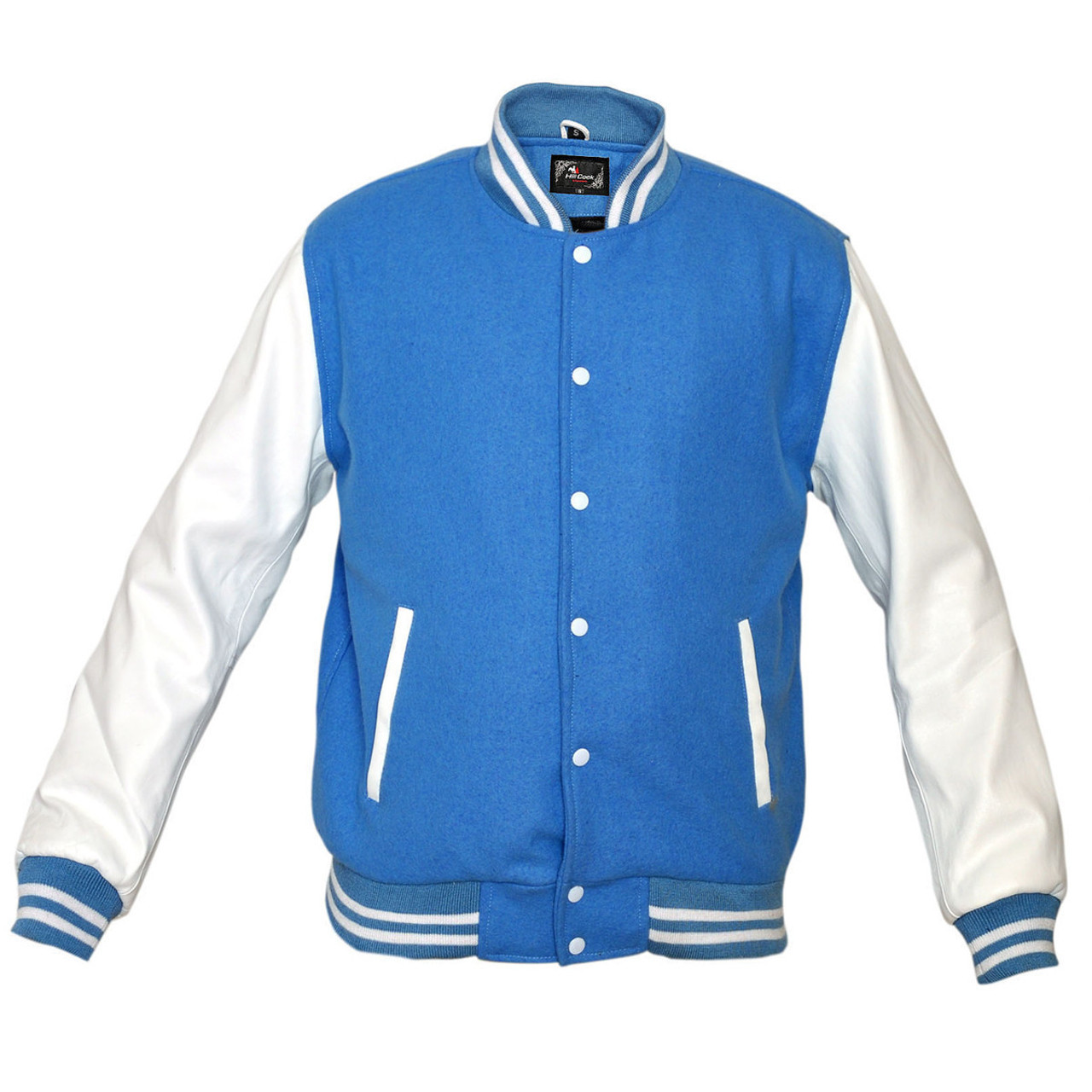 Sky Blue Wool Body and White Leather Sleeves Varsity Jacket