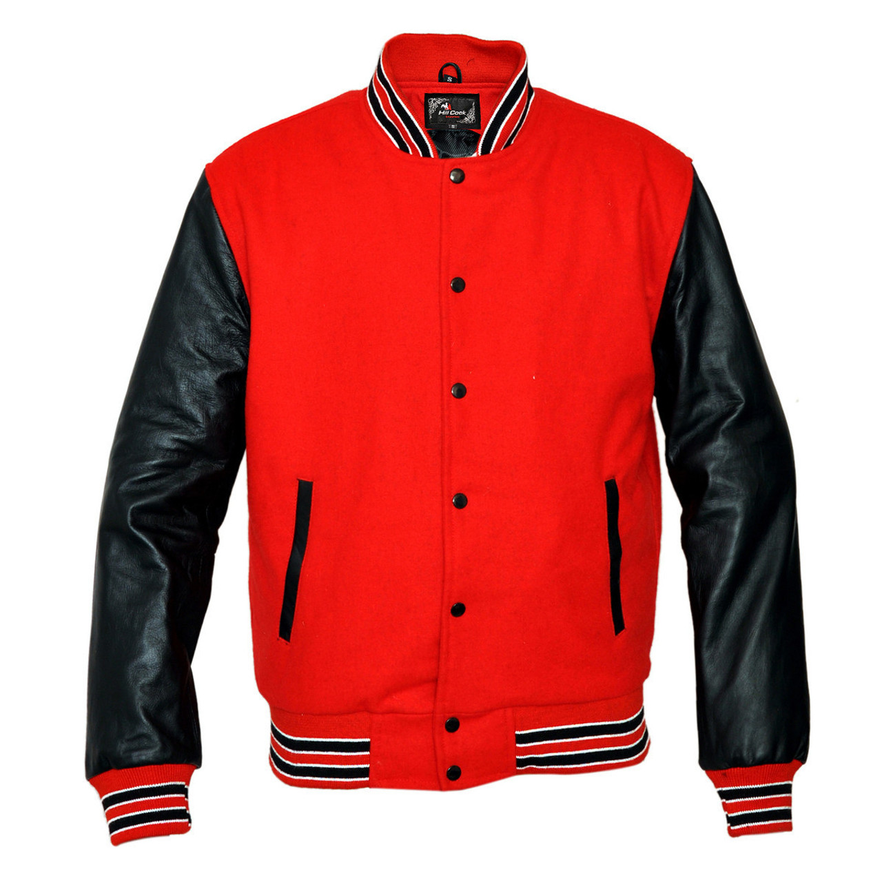 Varsity Letterman Bomber Jacket Red Wool & Black Real Leather