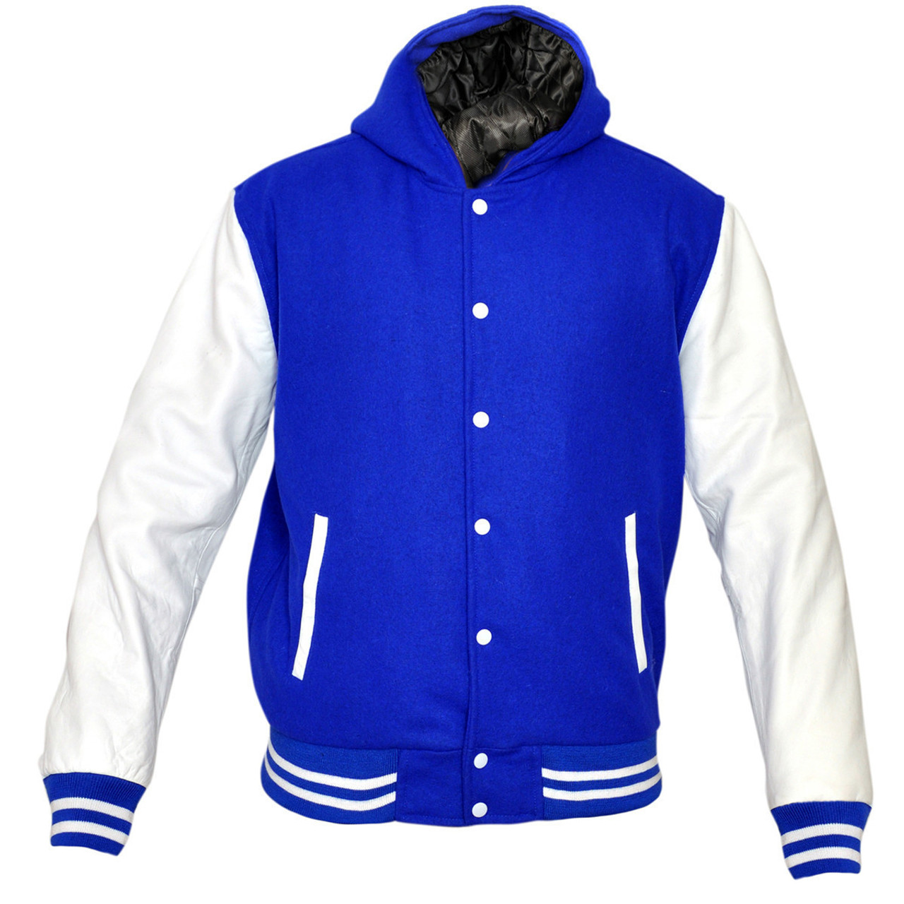 Mens Wool with Real Leather Premium Varsity Jacket with Hoodie