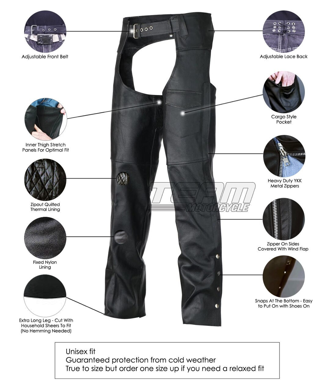 Vance Leather VL805S Mens and Womens All Season Black Zip-out Insulated  Thermal Liner Biker Leather Motorcycle Chaps - Team Motorcycle