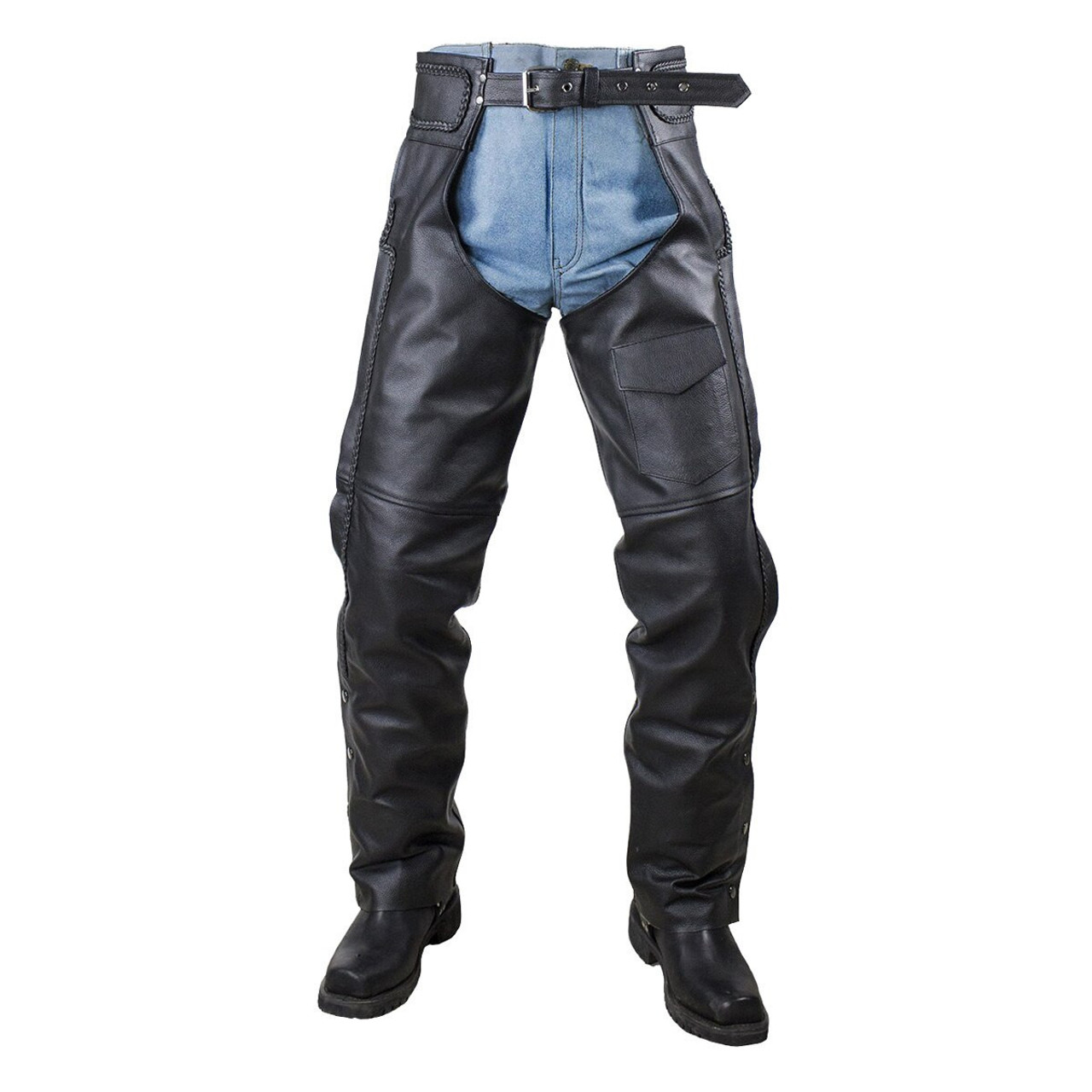 Men's Black Zip-out Pants Style Leather Motorcycle Chaps