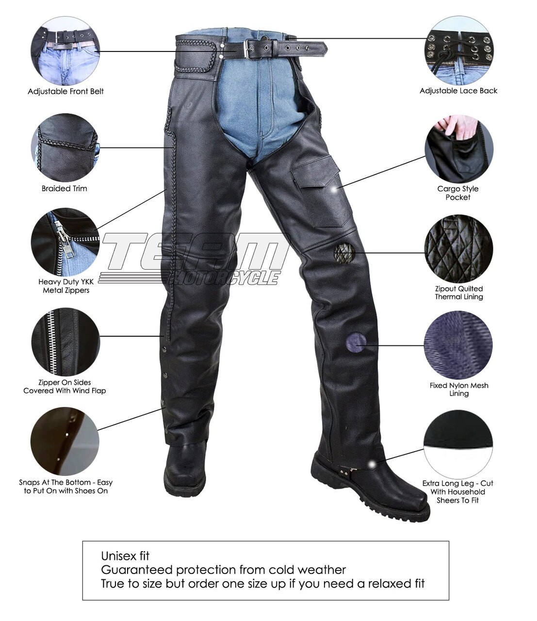 Vance Leather Unisex All Season Black Zip-out Insulated Thermal Liner  Braided Biker Leather Motorcycle Chaps