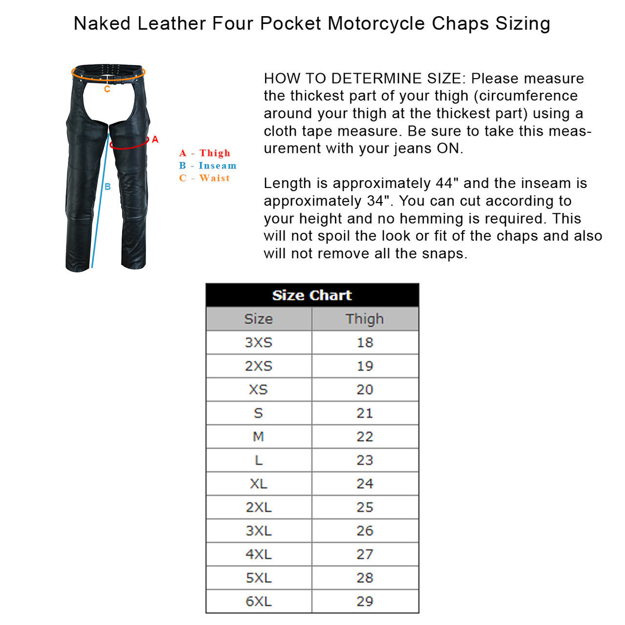 Men and Women Black Four Pocket Biker Leather Chaps