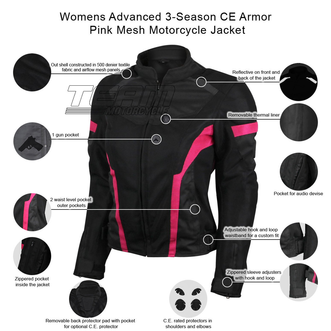 Women All Weather Black Pink Mesh Motorcycle Riding Jacket