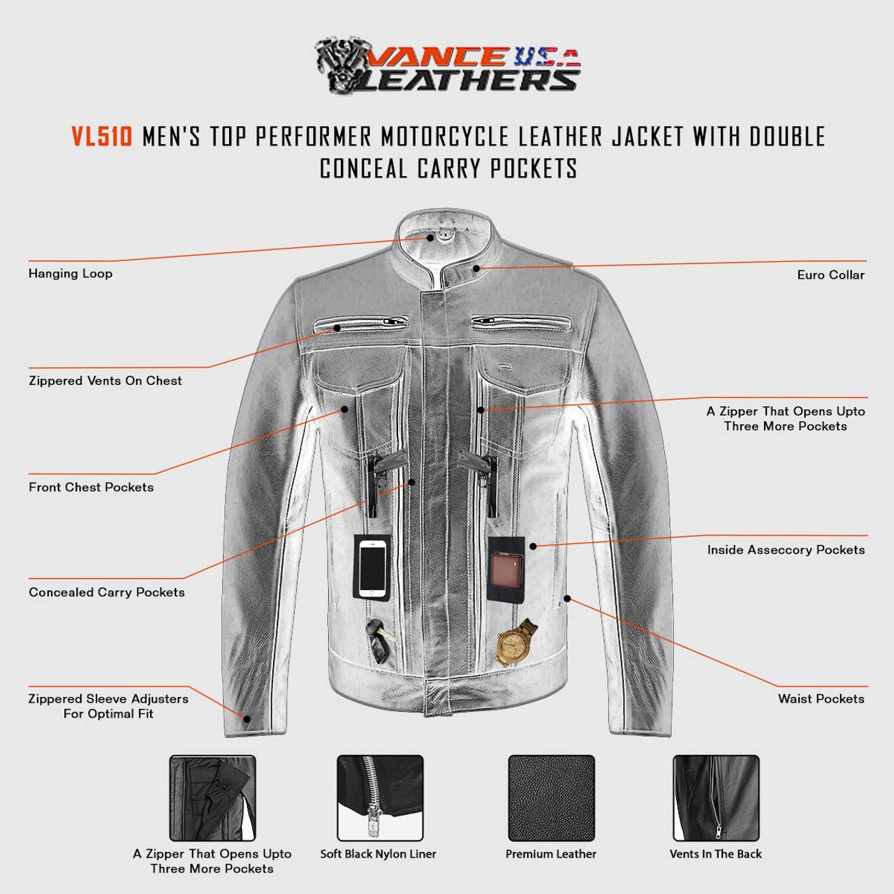Double Conceal Carry Pockets Motorcycle Leather Jacket