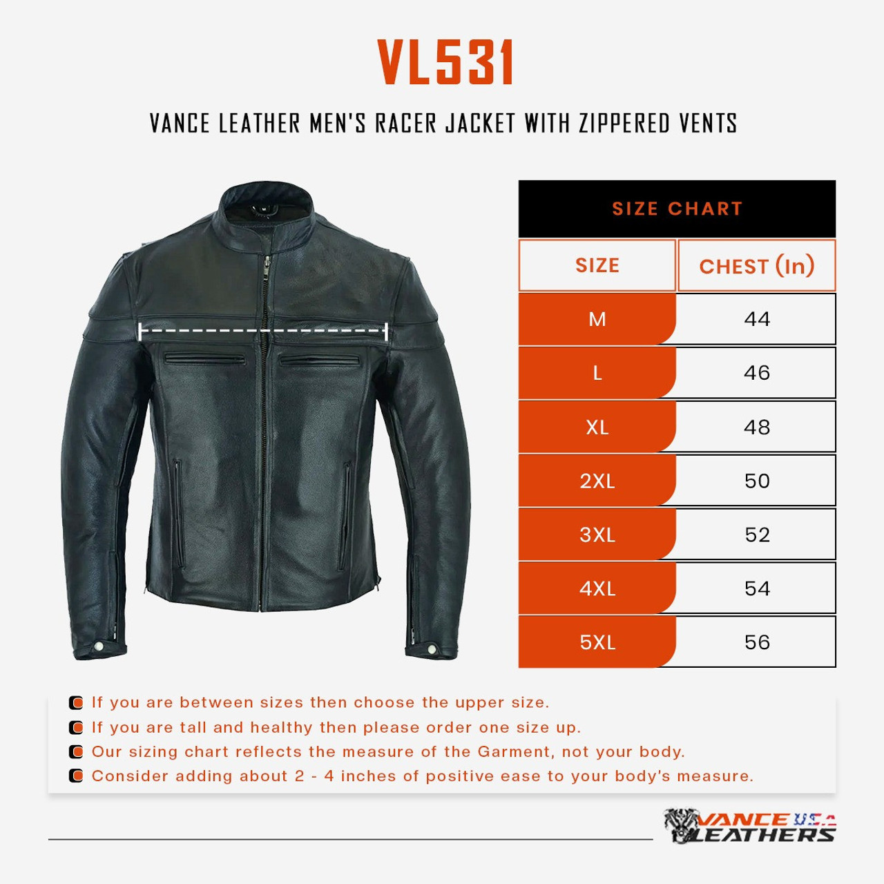 Men's VL531 Leather Racer Cruiser Motorcycle Jacket - Team Motorcycle