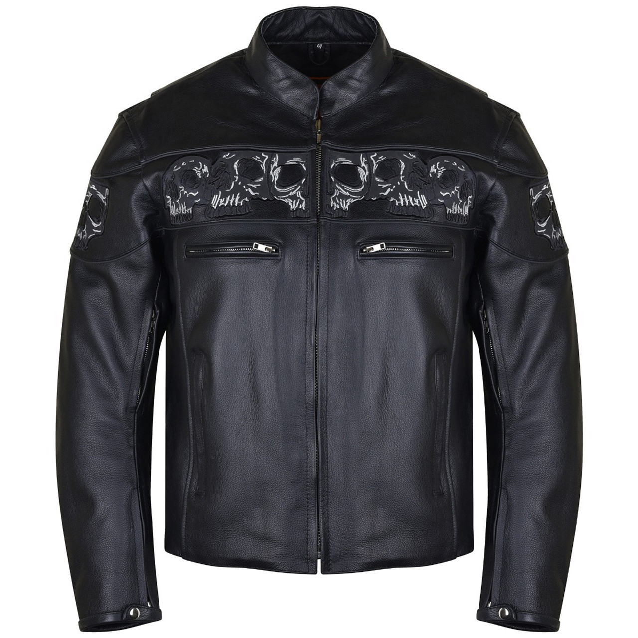 Men's Black Reflective Skulls Leather Motorcycle Jacket