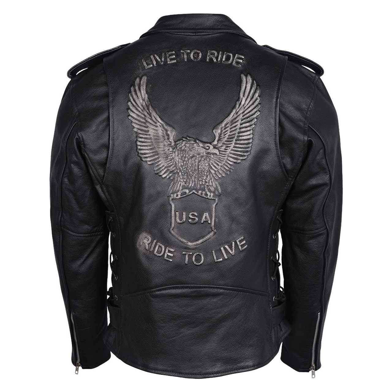 Mens Eagle Embossed Live To Ride - Ride To Live Classic Black Leather Motorcycle Jacket