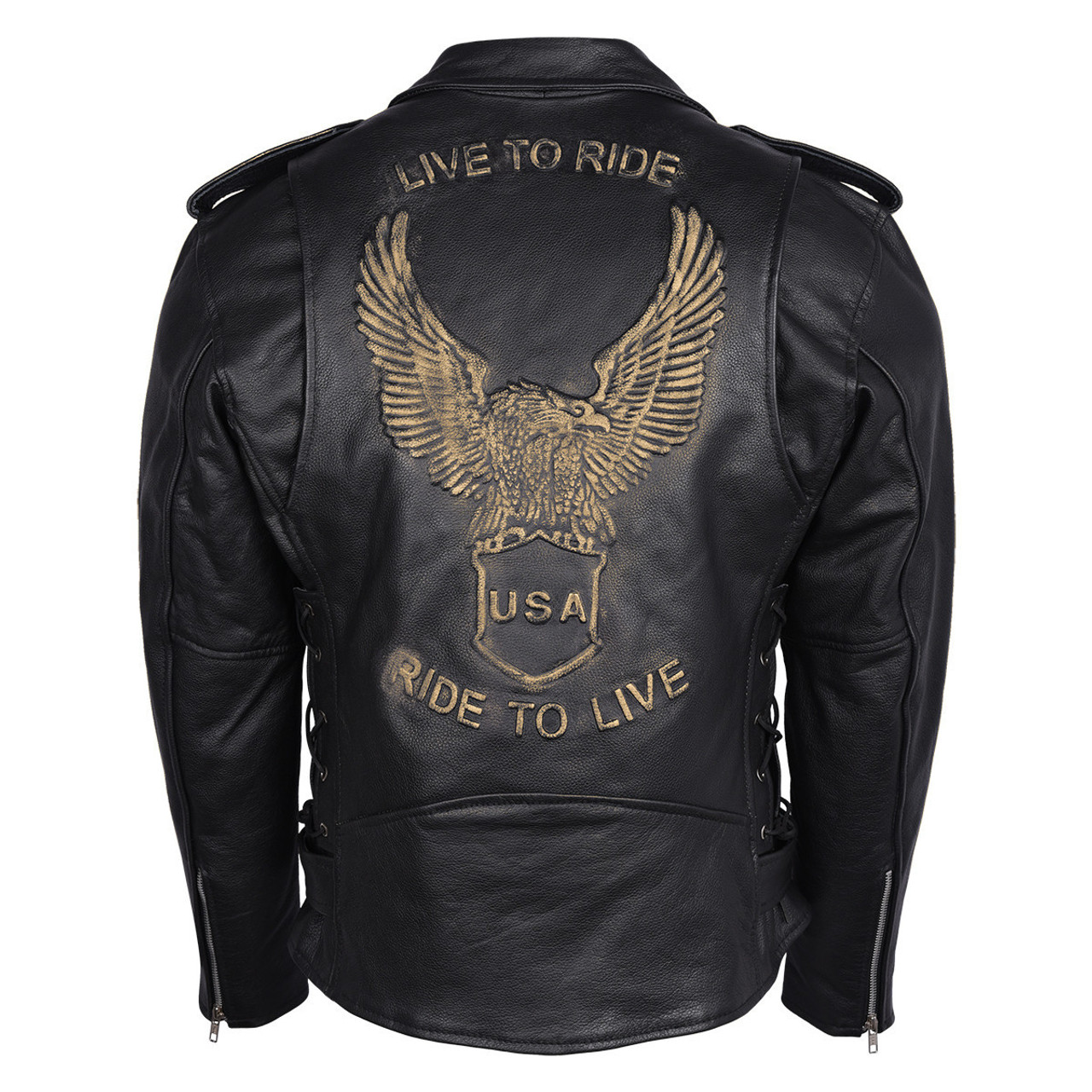 Men Eagle Embossed Classic Black Leather Motorcycle Jacket
