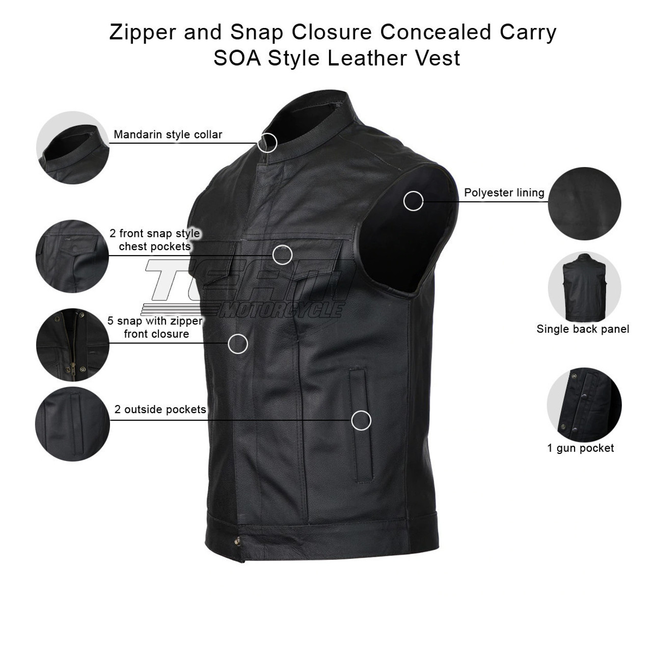 Zipper and Snap Closure Concealed Carry SOA Style Leather Vest - Team  Motorcycle