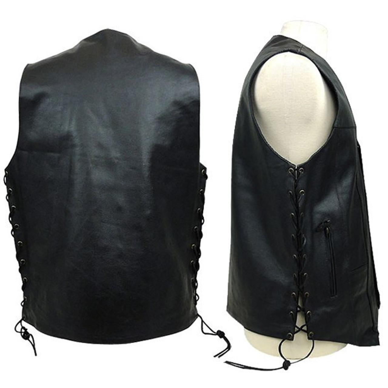 Women's Eyelet Lace Concealed Pocket Black Leather Vest