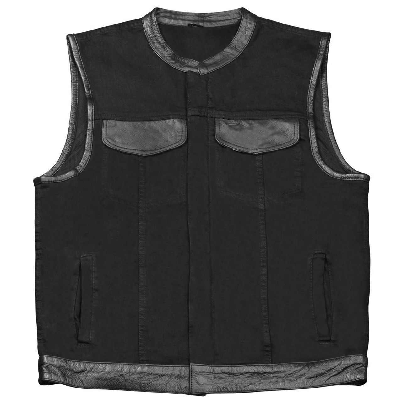 Jafrum Mens Black SOA Club Style Zipper and Snap Closure Denim Motorcycle  Vest With Leather Trim