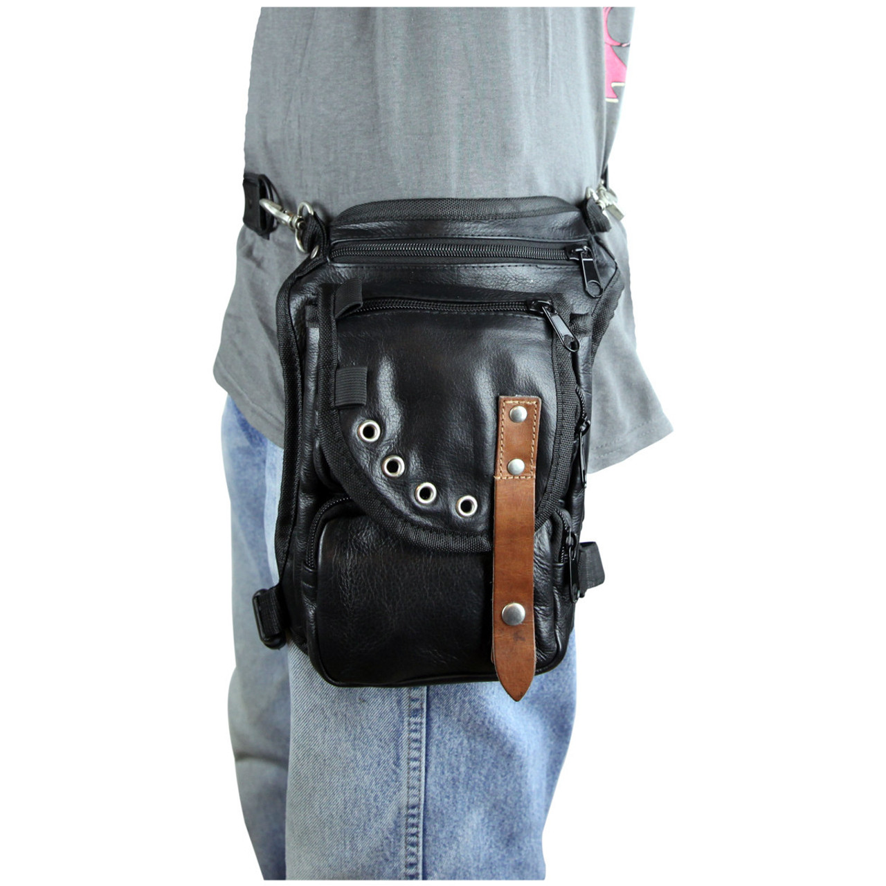 Men & Women Black Leather Thigh Bag with Brown Leather Trim