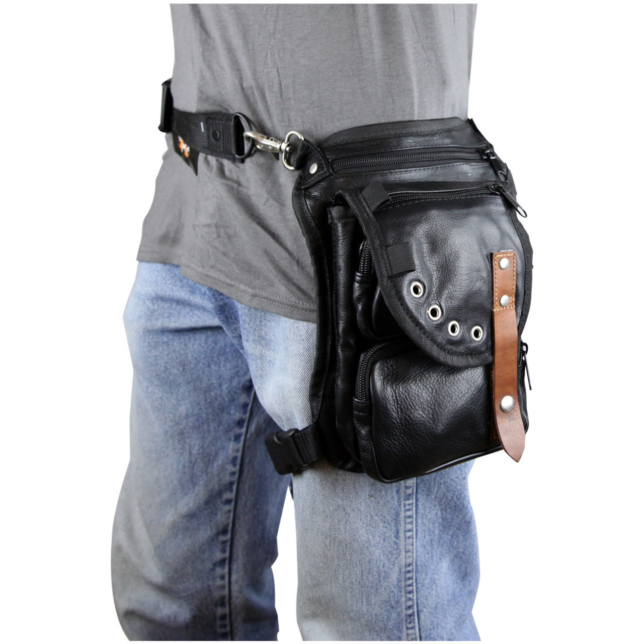 Men Women Black Leather Thigh Bag with Brown Leather Trim