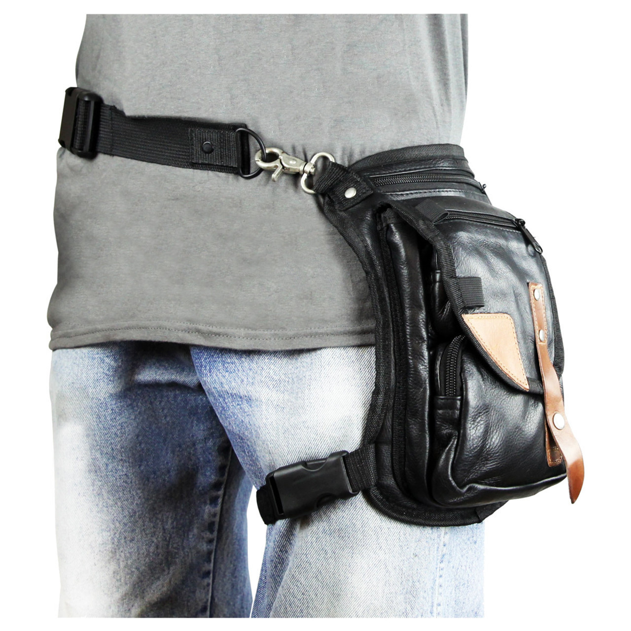 Black Leather Drop Leg Thigh Bag with Brown Leather Trim